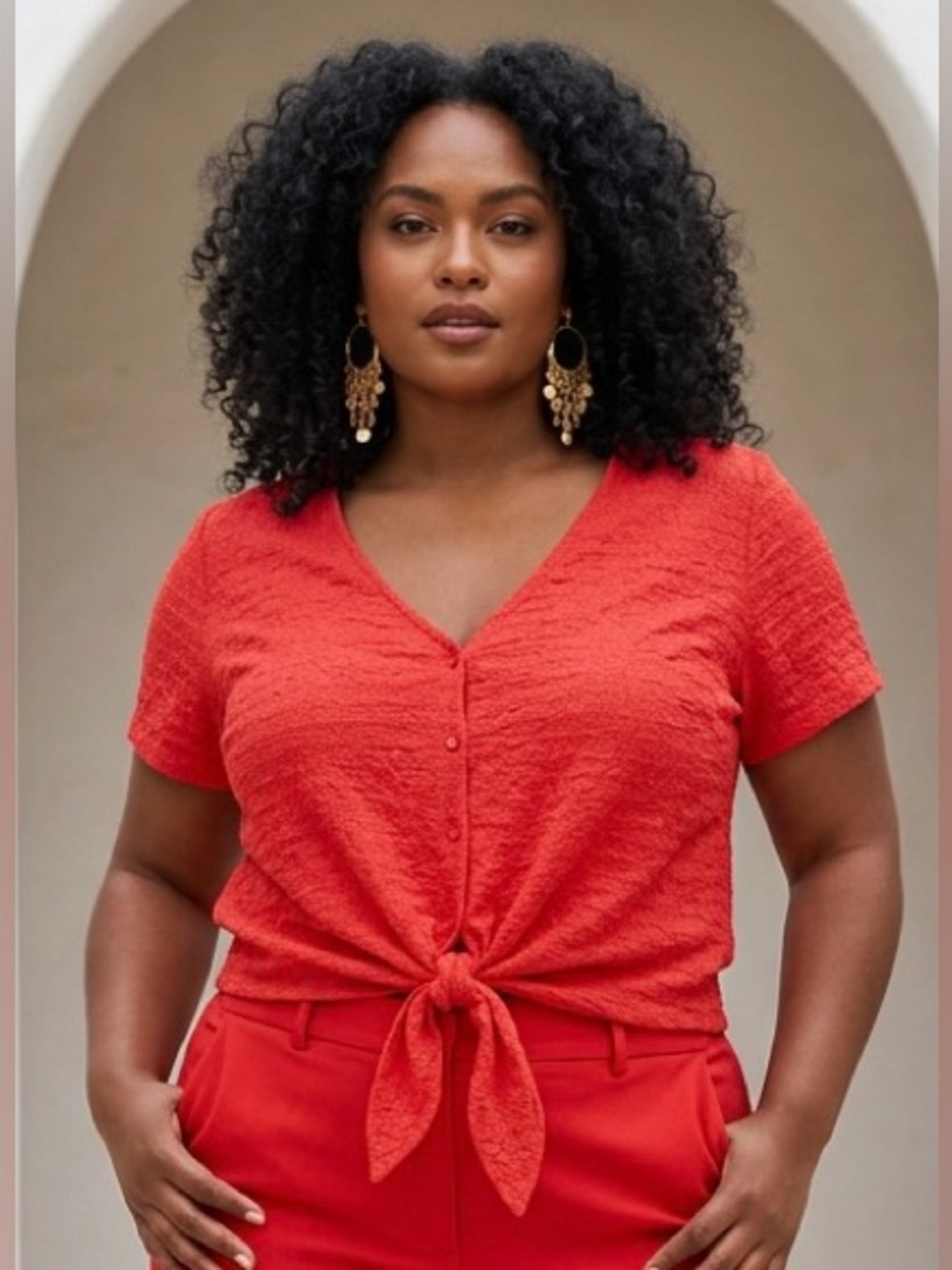 Sanctuary Tie Front Button Up Stretchy Top Bright Red Size L NWOT